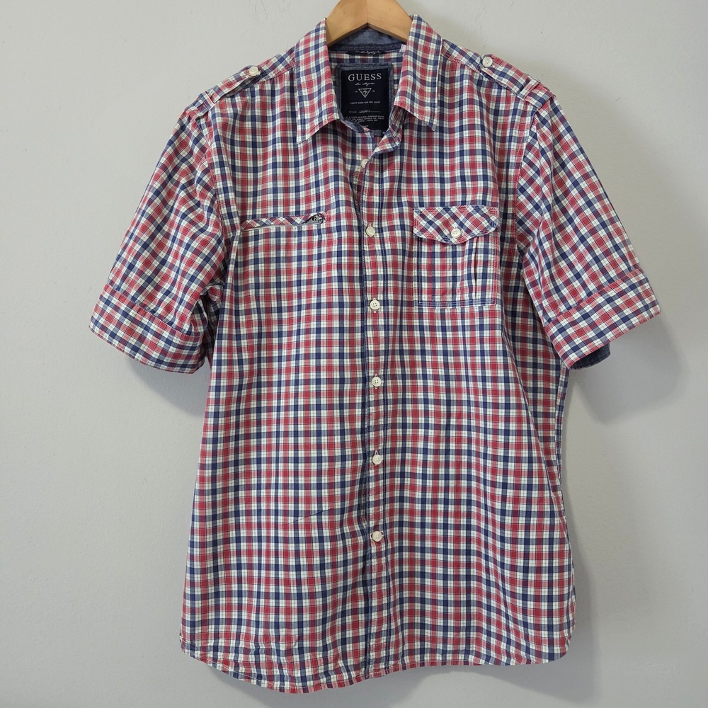 Guess Mens Red White Blue Plaid Short Sleeve Button Down Shirt XL M12H85W19O0